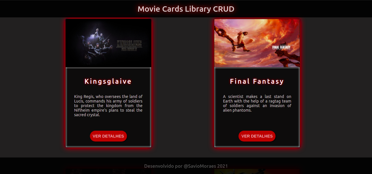 Página inicial do Movie Card Library CRUD