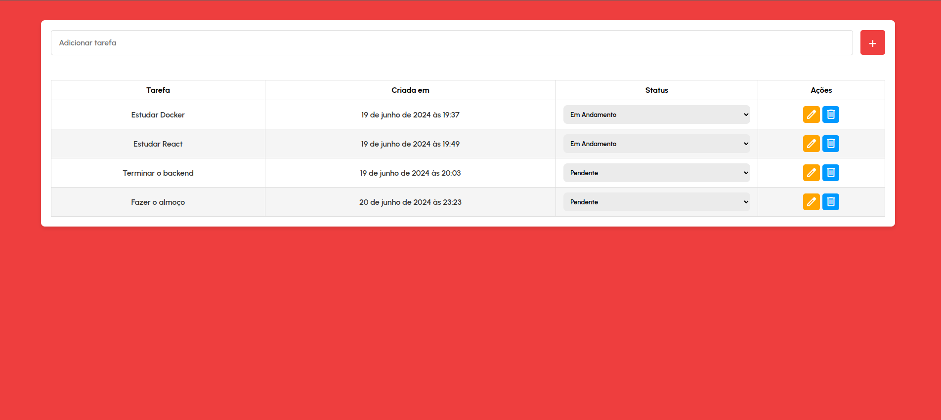 Página inicial do Todolist Fullstack